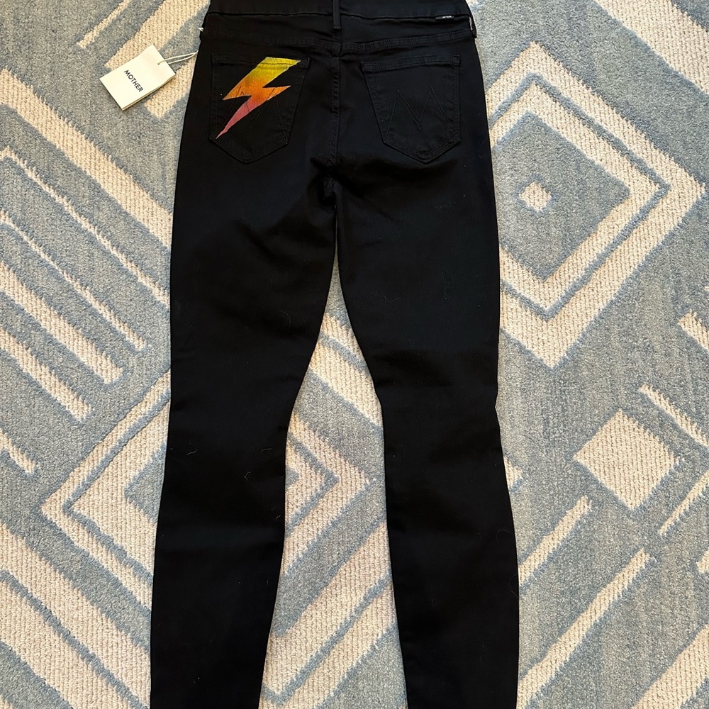MOTHER Black Jeans with Colorful Lightning Bolt - The Looker Ankle Fray size 25